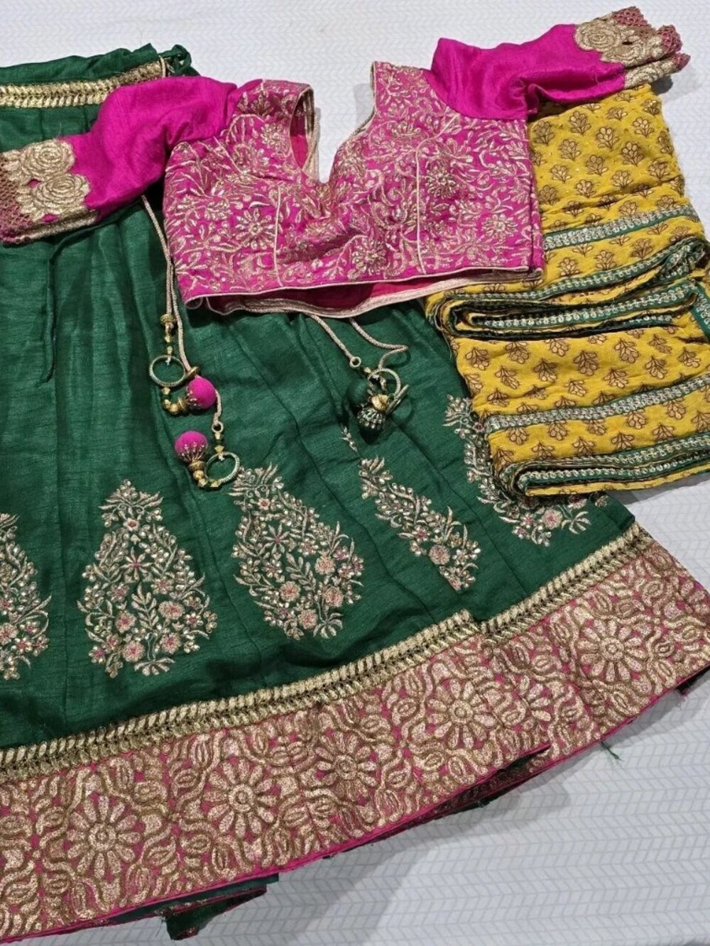 Indian Lehenga Choli Dupatta Set Green Pink Gold Embroidered Traditional Wedding